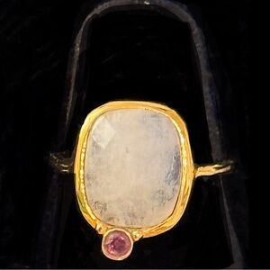 moonstone and tourmaline 18k gold-plated ring size 5.5
